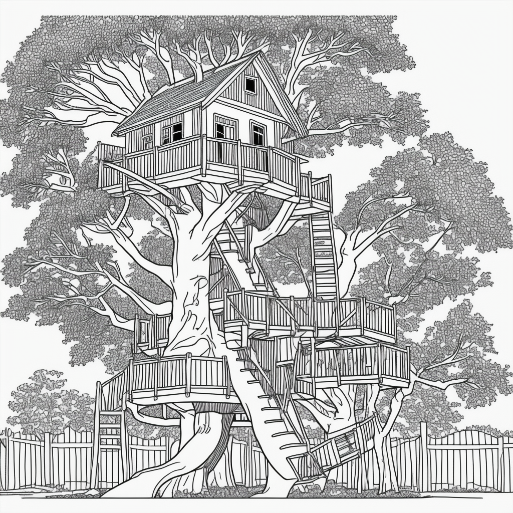 Explore Treehouse Line Art with Rope Ladder Designs