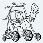 Black and white tricycle cartoon line art with clean outlines and blank fill areas, perfect for coloring book enthusiasts seeking a simple coloring page.