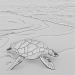 A simple black and white vector line art of a turtle walking along the beach, featuring bold clean outlines and minimal composition, ideal for children's coloring pages.