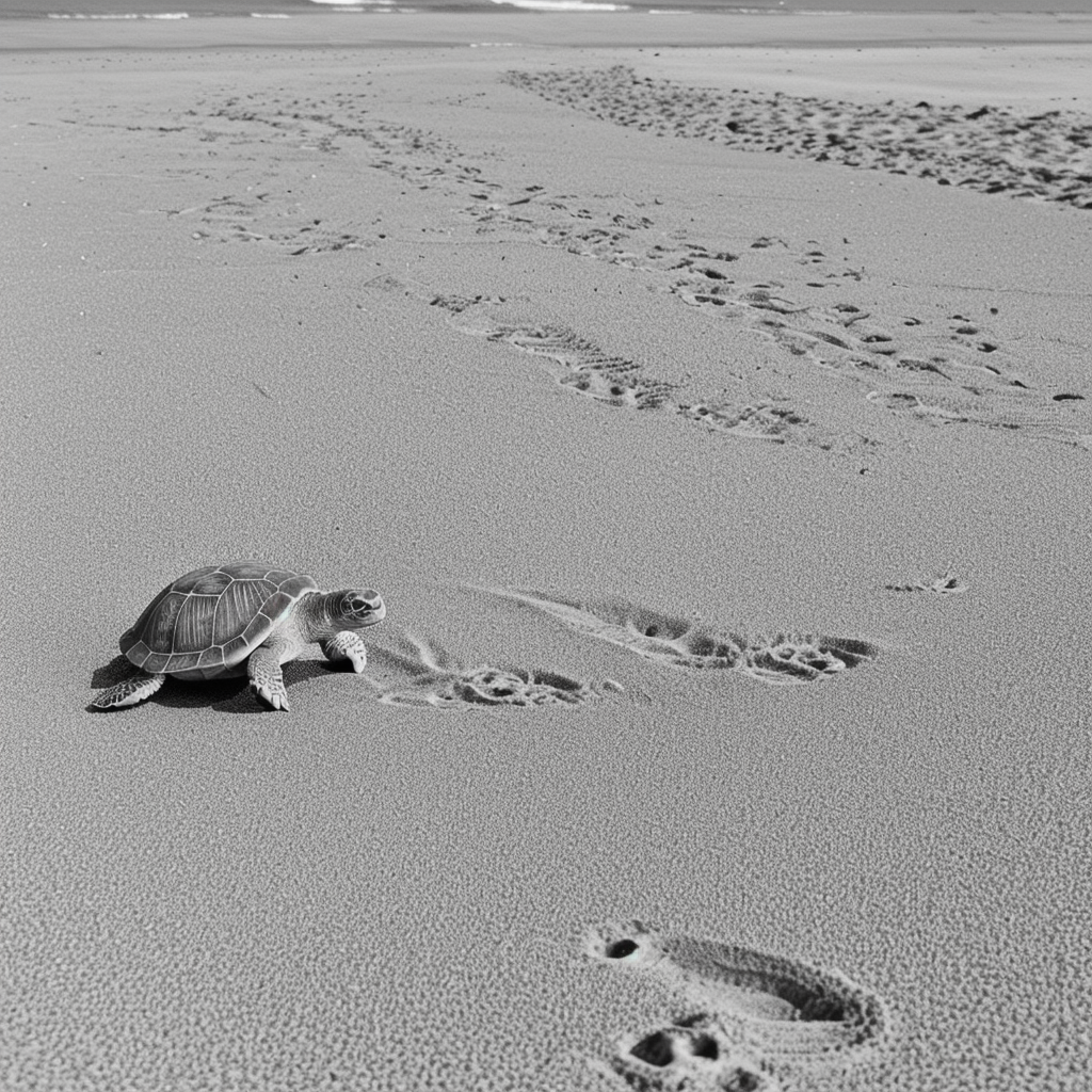 Turtle Walking on Beach: Black and White Line Art