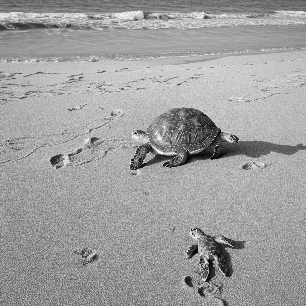 Turtle Stroll: Black and White Beach Line Art