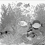 A detailed line art illustration of an underwater coral reef with fish, featuring simple outlines on a white background, perfect for a coloring book.