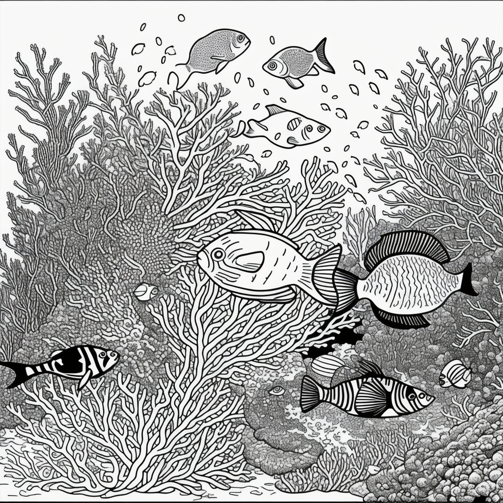 Explore Underwater Coral Reefs with Fish in Line Art