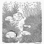 Line art of an underwater coral reef with fish, featuring clean outlines and blank fill areas, perfect for coloring enthusiasts.