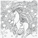 Black and white line art of a unicorn with rainbow and stars, featuring clean outlines and blank fill areas, perfect for coloring book enthusiasts.