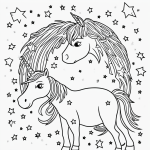 Line art of a unicorn with a rainbow and stars in a coloring book style, featuring simple outlines and blank fill areas on a white background.