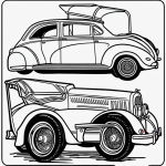 Vintage car cartoon in black and white line art, featuring clean outlines and blank fill areas, perfect for coloring book enthusiasts seeking a simple design.