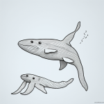 A simple black and white whale cartoon line art with clean outlines and blank fill areas, perfect for coloring book enthusiasts.