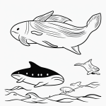 Simple black and white vector line art of a whale and dolphin swimming together, featuring bold clean outlines on a flat white background, ideal for children's coloring.