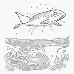 Simple black and white vector line art of a whale with water spraying from its blowhole, ideal for children's printable coloring pages.