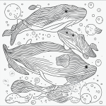 Line art of a whale swimming with bubbles in black and white, featuring clean outlines and uncolored areas, ideal for coloring book enthusiasts.