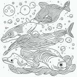 A whale swimming with bubbles in black and white line art style, featuring clean outlines and blank fill areas, ideal for coloring book enthusiasts.