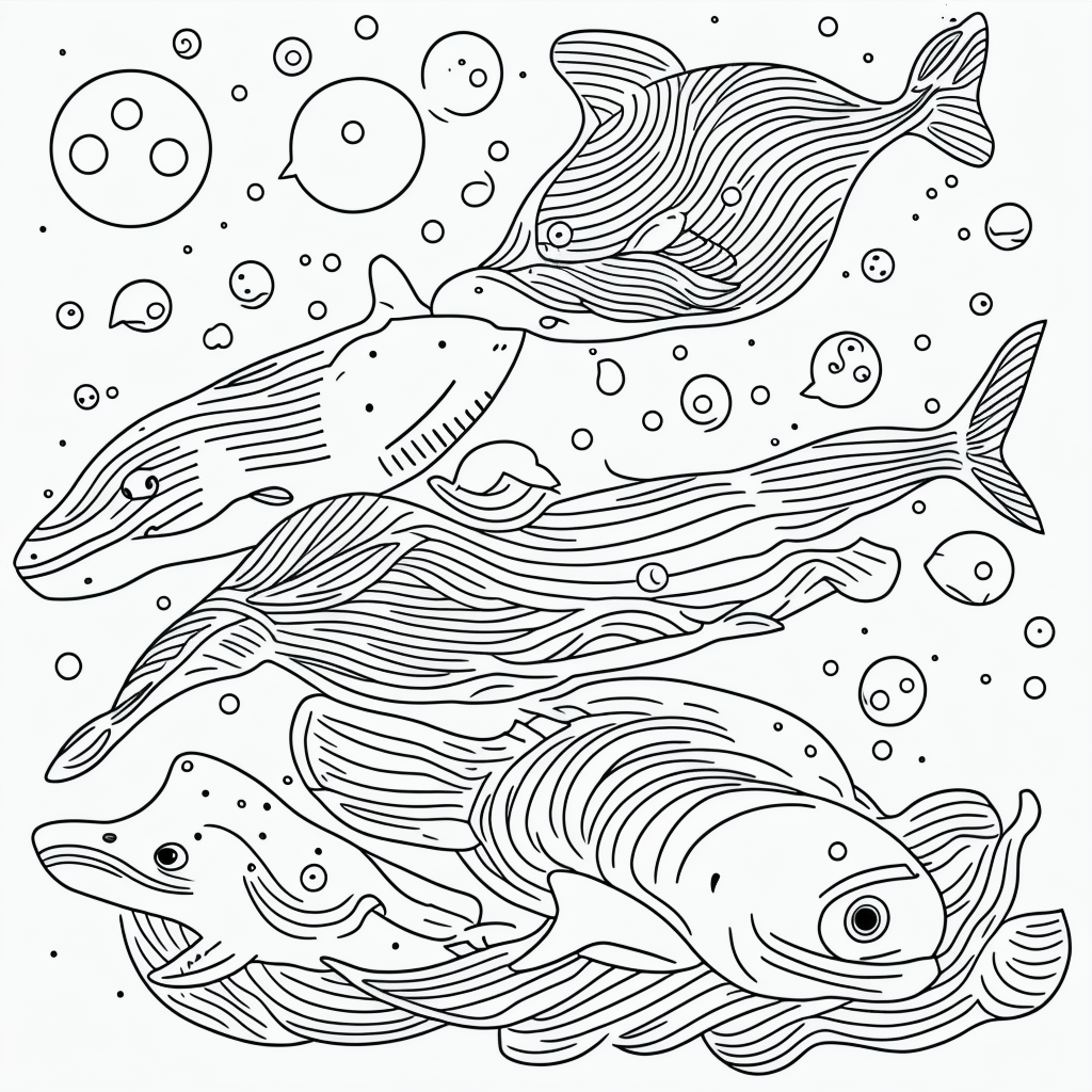 Whale Swimming with Bubbles: Line Art Coloring Fun