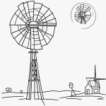A simple outline of a windmill cartoon in black and white, designed for coloring books, featuring clean and uncolored lines on a white background.