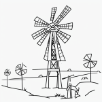 A charming windmill cartoon featuring simple black and white outlines, perfect for coloring enthusiasts seeking creative expression with uncolored designs.