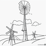 Simple black and white vector line art of a windmill on a hill, featuring bold clean outlines and a flat white background, perfect for children's coloring pages.