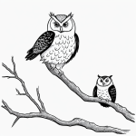 Simple black and white vector line art of a wise owl sitting on a tree branch, featuring bold clean outlines and a flat white background, ideal for coloring.