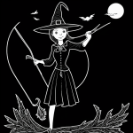 Black and white line art of a witch flying on a broomstick, ideal for coloring enthusiasts with simple outlines and blank fill areas, no shading or gradients.
