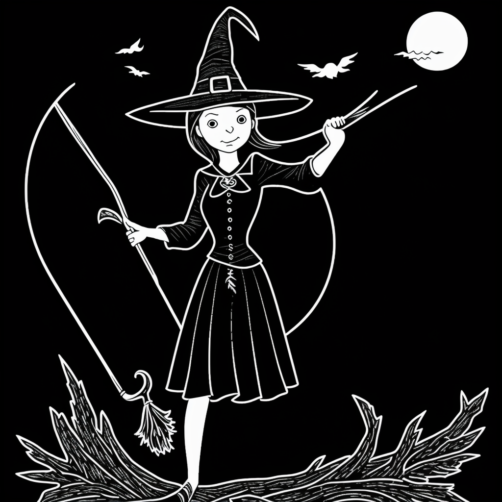 Explore Witch on Broomstick Line Art for Coloring
