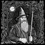 A wizard with a staff depicted in black and white line art, featuring clean, simple outlines and blank fill areas, ideal for coloring and creativity.