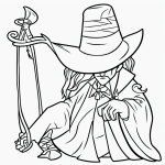 Simple black and white vector line art of a wizard with a hat and wand, designed for children's printable coloring page with bold outlines and minimal composition.