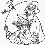 Simple black and white vector line art of a wizard with a hat and wand, featuring bold clean outlines, ideal for children's coloring pages.