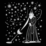 Simple black and white vector line art of a wizard casting a spell with sparkles, featuring bold clean outlines on a flat white background, ideal for coloring.