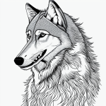 A simple black and white wolf cartoon howling, in line art style with clean outlines, ideal for coloring books and creative coloring activities.