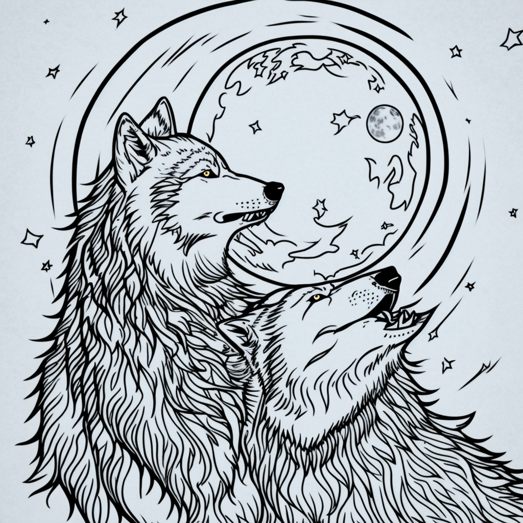 Wolf Howling at Moon: Tranquil Coloring Book Art