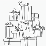 Simple black and white vector line art of wrapped presents with ribbons, ideal for children's printable coloring pages, featuring bold clean outlines.