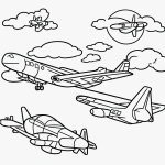 A simple black and white coloring page featuring an airplane flying in the sky, ideal for kids, with clear outlines and no shading, suitable for a coloring book.