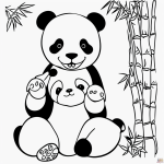 Black and white line art of a baby panda eating bamboo, perfect for kids to color, with clear outlines suitable for a coloring book.