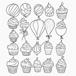 A fun black and white coloring page for kids featuring balloons and cupcakes, with simple line art and clear outlines, suitable for coloring books.