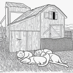 A simple black and white line art of a barn cat sleeping on hay, perfect for kids' coloring books with clear outlines and no shading.