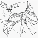 A simple black and white bat flying at night coloring page for kids, featuring clear outlines and no shading, ideal for coloring books and creative fun.