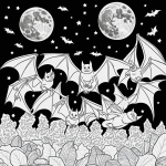 A simple black and white coloring page featuring bats flying under the moon, with clear outlines and no shading, ideal for kids' coloring books.