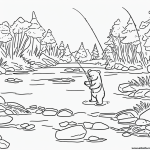 Black and white coloring page of a bear fishing in a river, designed for kids. Line art with clear outlines and no shading, suitable for a coloring book.