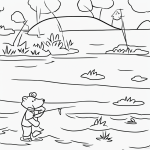 A simple black and white line art of a bear fishing in a river, perfect for kids' coloring books with clear outlines and no shading.