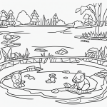 Black and white coloring page of a beaver building a dam, designed for kids with clear lines and no shading, perfect for a coloring book activity.