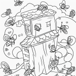 A simple black and white coloring page featuring bees flying near a hive, designed for kids with clear outlines suitable for a coloring book.