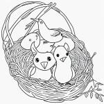 Black and white coloring page of a bird sitting in a nest, clear outlines and simple line art design, perfect for children's coloring books.