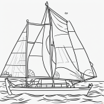 A simple black and white coloring page of a boat sailing on the sea, perfect for kids' coloring books with clear outlines and no shading.