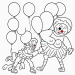 A simple black and white coloring page for kids depicting a clown with balloons. The line art features clear outlines, perfect for coloring book activities.