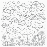 A simple black and white coloring page depicting clouds raining on flowers, designed with clear outlines and no shading, perfect for a kids' coloring book.