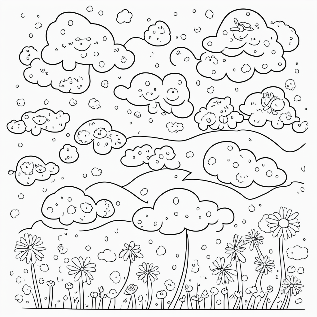 Simple Black and White Coloring Page of Clouds and Flowers