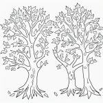 Black and white coloring page featuring whimsical trees with falling leaves, designed for kids to color and enjoy artistic fun with clear outlines.