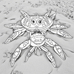 Black and white coloring page featuring a crab and starfish on sand, designed with clear outlines perfect for a kids' coloring book.