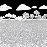 A simple black and white coloring page for kids showing a rainbow over a meadow, featuring clear outlines and no shading, perfect for coloring books.