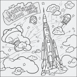 A simple black and white coloring page featuring a rocket blasting through clouds with clear outlines, ideal for kids' coloring books and creative activities.