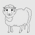Simple black and white coloring page of a sheep with fluffy wool, perfect for kids' coloring books. Clear outlines and no shading make it ideal for creativity.